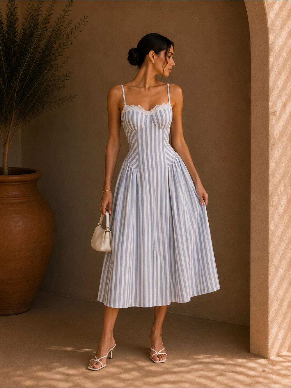 Commense Blue Striped Cotton Lace Trim Maxi Dress XS | European Summer Dress